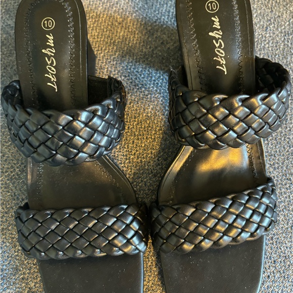 Braided Heeled Sandals Backless Square Open Toe Block Slide Sandals - Picture 5 of 9